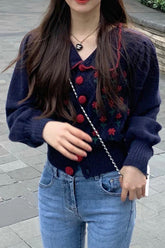 Floral Embroidered Cropped Cardigan Sweater